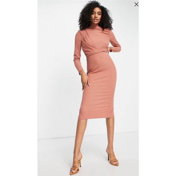 ASOS New Women's High Neck Long Sleeve Midi Dress Terracotta 4 Feminine Party - Picture 1 of 12